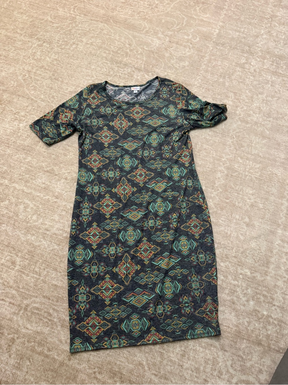 LuLaRoe Geometric Midi Dress in Teal and Rust